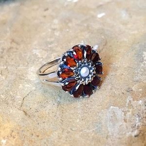 Sterling Silver Red Flower Garnet & Pearl Ring